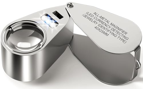 40-fache Vergrößerung Juwelierlupe, Lupe Mit Licht, Metall Faltlupe | LED Licht, UV Licht, für Enge Arbeit, Juweliere, Münzen,Rocks, Münzen, Briefmarken