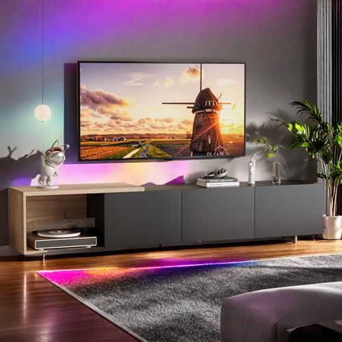PerGar Meuble TV moderne 180 cm brillant avec éclairage LED pour salon, meuble TV, tiroir, chambre à coucher, salon, 240 x 38 x 44 cm, noir