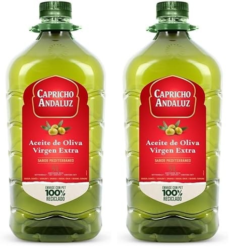 Capricho Andaluz | Aceite de Oliva Virgen Extra | Botella PET 5L, prensado en frío, origen español, bajo en carbohidratos, sin azúcar | Para dieta mediterránea (Paquete de 2)
