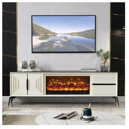 Meuble TV Moderne avec Insert de cheminée à Flammes réalistes, Console multimédia Meuble Rangement et tiroirs, Blanc Cheminée électrique