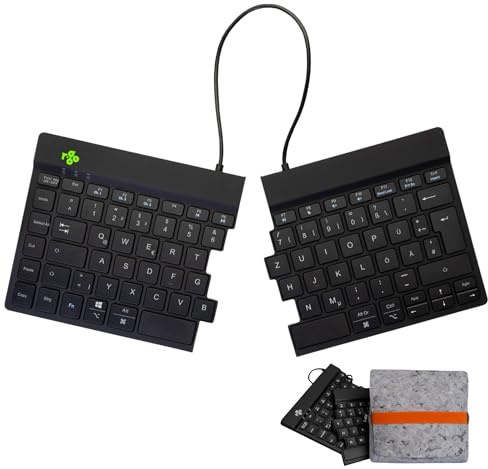 R-Go Split Break Tastatur mit Tasche - QWERTZ (DE) - Bluetooth Kabellos - Ergonomische Split-Tastatur wiederaufladbar - Filz-Etui - Anti-RSI - Schwarz