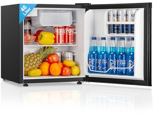 FOHERE 46 L minikylskåp, kompakt litet kylskåp och justerbar termostat, tyst, vändbar dörr, låg energiförbrukning, perfekt för kök, kontor och vardagsrum, svart