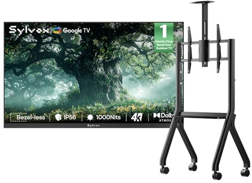 SYLVOX 55 TV da Esterno con Copertura & Supporto Televisore con Ruote - Frameless 4K UHD 1000Nits, Smart Google Outdoor TV Impermeabile IP56, Dolby Atmos, Wi-Fi, Assistente, Bluetooth (Frameless)