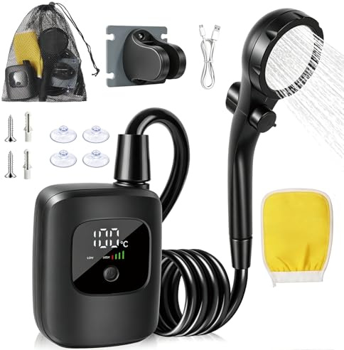 W&H Portable Camping Shower,Rechargeable Portable Shower with LED Display | IPX8 Waterproof,Outdoor Shower for Hiking, Travel, Car, Pet