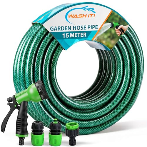 Garden Hose Pipe with Connectors and Hosepipe Spray Gun - Reinforced Garden Hose Set Including Adjustable Hosepipe Spray Gun, Tap Connector and 2 Couplers for Plant Watering and Car Washing (15m)