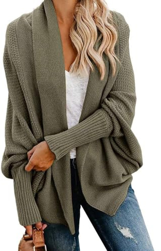 Dam Fladdermusärm Grovstickad Oversized Kofta Kimono Omlott Öppen Fram Casual Löst Ytterplagg Olivgrön Medium