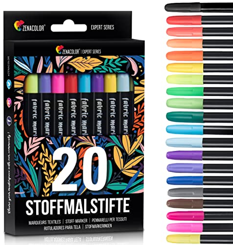 20 Textilstifte Waschmaschinenfest - Textilfarbe Waschmaschinenfest - Ungiftig, Waschfeste und Permanente Stoff Marker ideal für T-Shirts, Stofftaschen und andere Textilien - Für Kinder und Erwachsene