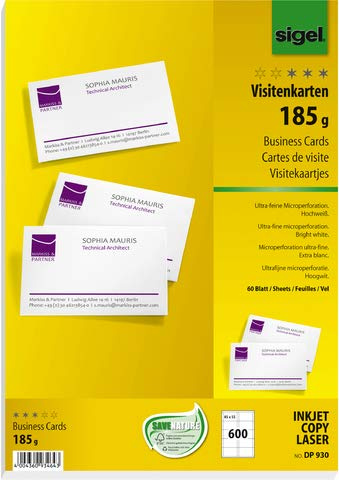 SIGEL Visitenkarte, Inkjet/Laser/Kopierer, Edelkarton, 185 g/m², 85 x 55 mm, hochweiß (600 Stück), Sie erhalten 1 Packung á 600 Stück