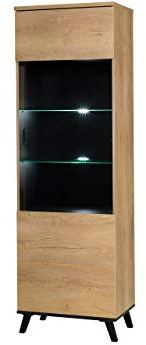 Vitrine John JN02, Praktischer Standvitrine, Vitrinenschrank, Stauraumvitrine, Wohnzimmer, Glasvitrine, Hochschrank, Standvitrine (Seite: Rechts, Eiche Lefkas/Schwarz, mit weißer LED-Beleuchtung)