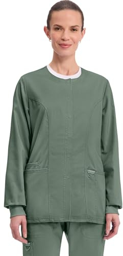 Cherokee Womens Scrub Jacket Nurse Snap Front Medical Uniform with Pockets, 2-Way Stretch, Easy Care Soft Fabric - WW310, L, Olive