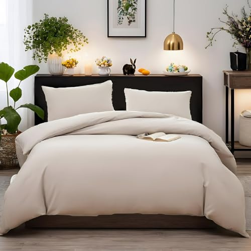 AYSW Warm Bedding Set and Fitted Sheet King Size 4 Pieces 110GSM Brushed Microfiber Duvet Cover with Pillowcases with 16'' Deep Pocket Bed Sheet Soft Duvet Cover Fade Resistant Beige