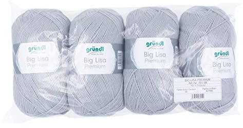 Gründl Big Lisa Premium Häkelgarn 4 Knäuel á 250 g, Hellgrau | Häkelgarn mit wollartigem Charakter, pflegeleichtes Garn aus 100 % Polyacryl, 250 g / 665 m, Nadelstärke: 3,5 - 4,5