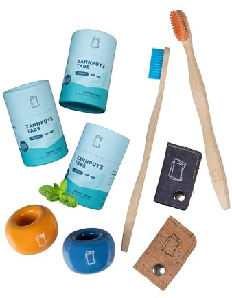 Duschbrocken Feste Zahnpasta Komplettpaket - Set aus 3x Zahnputztabletten, 2x Bambus-Zahnbürste & Zahnpflege-Zubehör - Vegan & Plastikfrei - 93g