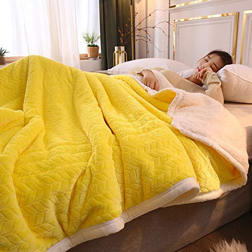 Lamm Kaschmir Decke Bett Wirft Einzelne Doppelte Flanell Baumwolle Gesteppte Tagesdecke Doppelseitige Wende Bett Sofa Warm Halten Wolle Decke Bettlaken Tragbare Reisedecke Decken,Yellow-200x230cm