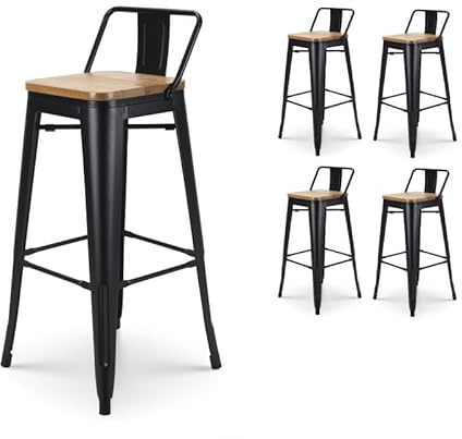 Kosmi - set med 4 barstolar, stora industriell stil pallar med liten matt svart metallryggstöd och säte i ljust naturträ, sitthöjd 76 cm