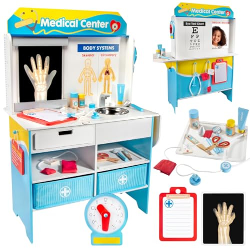 Get Well Doctor Wooden Activity Center- Kids Pretend Play Medical Playset w Waiting Room- 16 Accessories, Dual Sided, Office Checkup Kit w X-Rays, Blood Pressure Cuff- Boys Girls Roleplaying Toy Gift