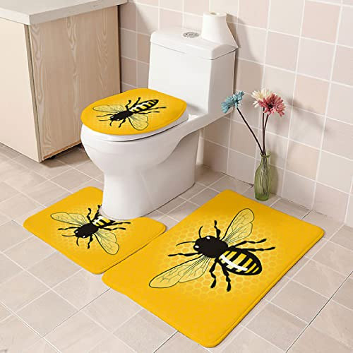 Badematten-Set Badteppich Gelbe Biene 3-Teilig Badteppiche Set,rutschfest Weich ​Gedruckt Waschbar,Badvorlege;Wc-Vorleger;Toilettensitz-Bezug