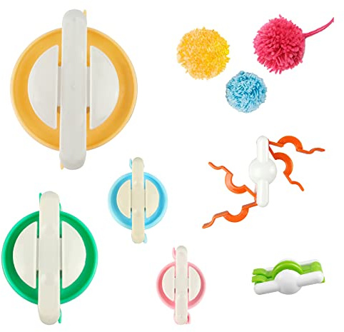 Andiker Kunststoff Pompom Maker Set, 6 Größen 8,8cm; 6,8cm; 4,8cm; 3,8cm; 2,5cm; 2cm Bommelmacher für flauschige Bälle, Werkzeugset zur Herstellung von Bommeln für die DIY-Bastelpuppenherstellung