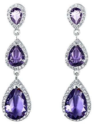 EVER FAITH Pendientes largos colgantes de 3 lágrima con circonita cúbica para mujer, tono plateado transparente