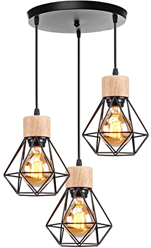 TOKIUS Suspension Luminaire Vintage Industrielle Lustre Abat-jour en Métal et Bois Ø160mm Plafonnier E27 avec Bois Rétro Pour Salon Cuisine Chambre (B-avec Base)