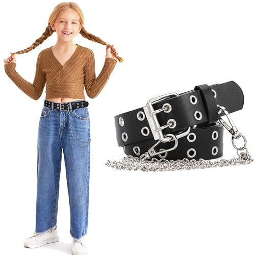 WERFORU Mädchen Gürtel Kinder PU-Leder Taillengürtel für Jeanshosen Doppelter Ösengürtel