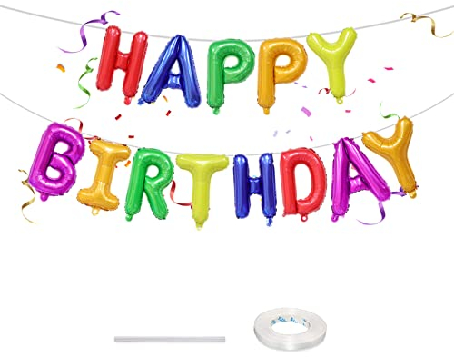 Lingqiang 16 Inch Happy Birthday Banner Balloon, Rainbow Self Inflating Happy Birthday Letter Foil Balloons Bunting, Multicolor Happy Birthday Balloons for Colorful Birthday Party Decor