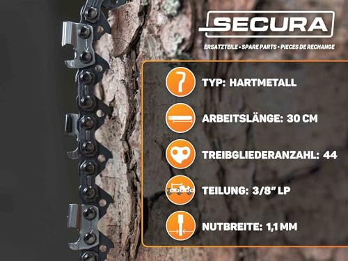 SECURA 2x Sägekette 3/8LP 1,1 44TG 30cm Hartmetall kompatibel mit Husqvarna Stihl