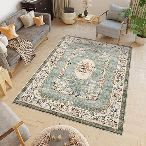 TALETA Teppich Wohnzimmer, Teppich waschbar rutschfest, Bunte-Teppiche mit Blumenmuster für Wohnzimmer, Schlafzimmer, Vintage orientalischer Teppich Groß: 140 x 200 cm, grün