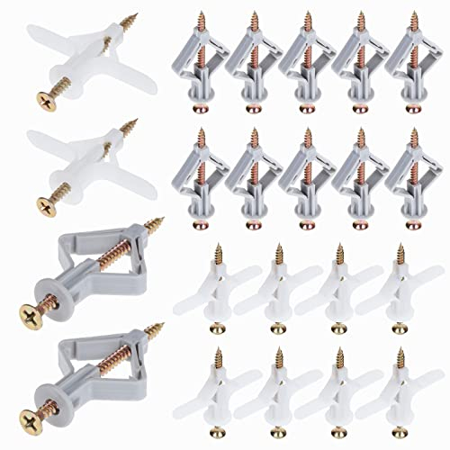 Mynoozi 200 Pcs Plasterboard Wall Plugs and Screws Set, Plasterboard Fixings, Heavy Duty Expansion Tube for Strong Hold Hollow Drywall Fixings (50 Gray Anchors + 50 White Anchors + 100 Screws)