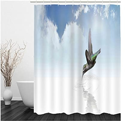 Whoiy Shower Curtains Blue, Duschrollo Um Die Ecke 150X180cm Polyester Duschvorhänge Trinkender Vogel Weiss für Badezimmer Badewanne