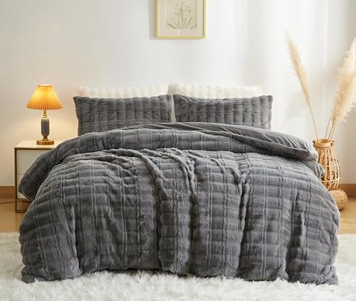 Sedefen Plüsch Bettwäsche 155x200cm Grau Winter Warm Kuschelige Flauschig Bettbezug Flanell Fleece Cashmere Touch Kunstfell Winterbettwäsche Set mit Reißverschluss und 1 Kissenbezug 80x80cm