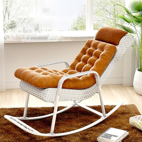 Rattanstühle, Schaukelstuhl Mit Fußstütze, Korbsessel, Gepolsterte Kissen, Relaxsessel Schaukelsessel Mit Stahlrahmen Für Terrasse, Hinterhof, Balkon, Veranda, Tragfähigkeit 150kg ( Color : Wit )