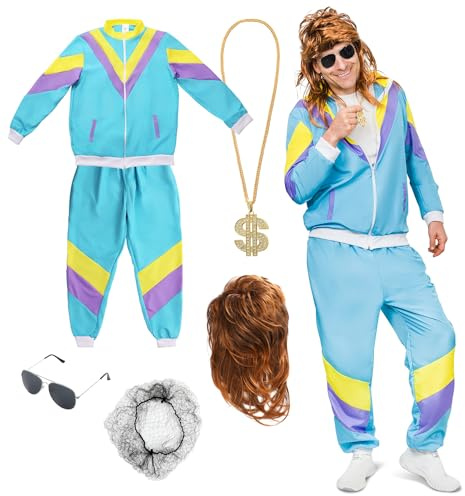 Festicy 80er Jahre Kostüm Set I Unisex Trainingsanzug, Vokuhila Perücke, Goldkette, Brille und Ring I 80er Jahre Outfit Karneval und 80er Party I 80er Retro 90er Kostüm für Karneval & Fasching