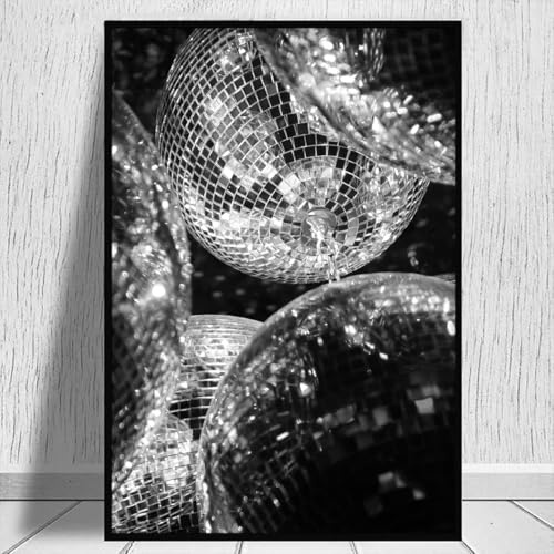 Schwarz-weiße Discokugel-Wandkunst, Vintage-Bar-Druck, schwarz-weiß, modische Bilder, Retro, trendiges Poster, flippiger Vintage-Druck, 70er-Jahre, Disco-Kunstwerk, Retro, ästhetisches Poster für
