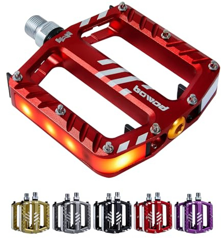 BOWOD LED-Fahrradpedale in 5 Modi, wiederaufladbar, USB, wasserdicht, CNC-Aluminium, rot, Plattform, Fahrradpedale mit 9/16 Zoll Cr-Mo-Spindel, 3 Kugellager für Erwachsene, Jugendliche, Pendler