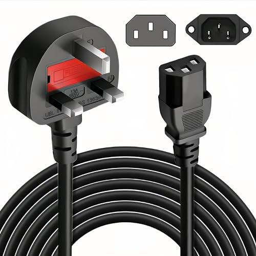 Desktop Power Cable 3 Pin UK Computer For PC Monitor Projector, ComputerAC Power Cord, Power Supply Cable Lead, Plug Lead Cord Printer 18AWG, BS 1363 to C13, 10A 250V, Black (1M)
