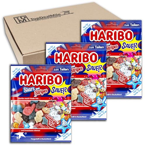 TopDealMile- Vorratspack - für Haribo Stars and Stripes sauer 3 x 175g Saure Fruchtgummimischung