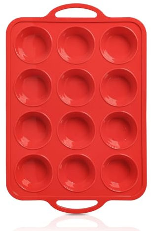 Foepoge Muffin Backform Silikon mit Metallrahmen für 12 Muffins, Antihaft Muffinform Silikon 12er, BPA-Freie Muffinblech Muffinformen, Muffinbackformen für Cupcakes, Pudding, Brownies, Rot