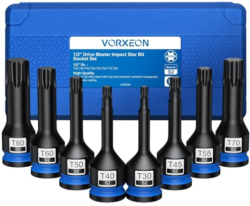 VORXEON 1/2 Juego de Llaves de Vaso Torx 8PCS S2 t30-t80 con Caja de Plástico para Garaje Taller de Reparación de Automóviles