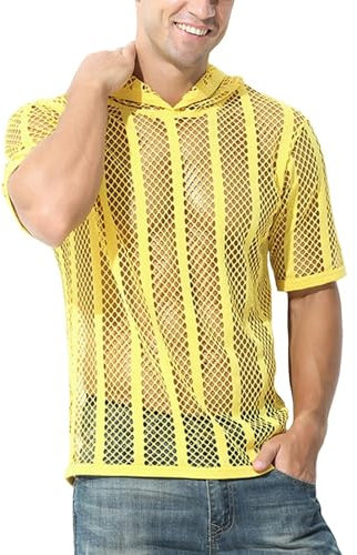 Hombres de Manga Corta de Malla de Rejilla con Capucha Tank Top Sexy Raya Ver A Través de Hueco A Cabo Sheer Camisetas(Yellow,S)