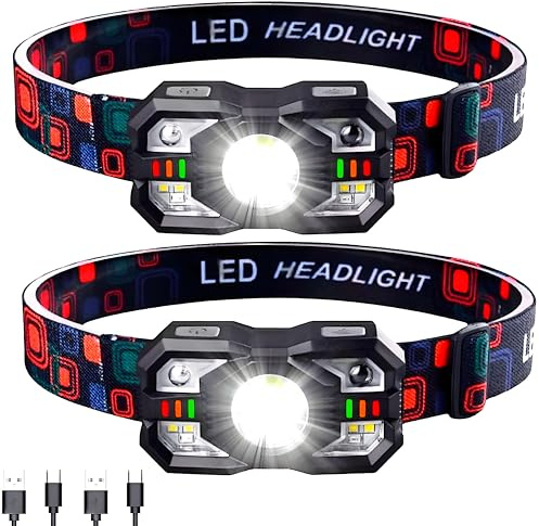 MVIOCS Paquete de 2 faros LED superbrillantes con luz blanca y roja, linterna frontal ultraligera con sensor de movimiento, recargable, impermeable, 5 modos para camping, senderismo, pesca al aire