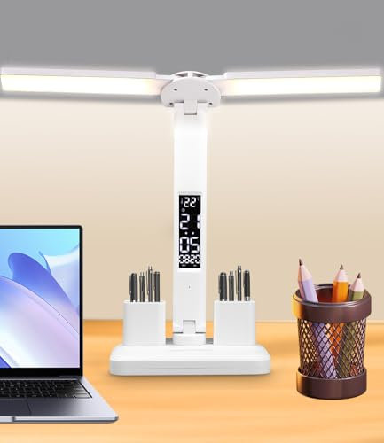 SOBEAU Lampe de Bureau Led,Lampe de Bureau à Deux Bras, Lampe Tactile Avec Minuterie et Fonction MéMoire Avec 3 LumièRes Et Luminosité Réglable pour L'étude et le Travail