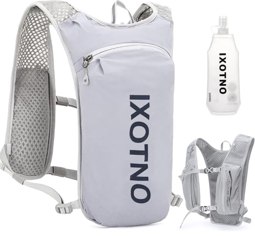 HINATAA Gilet d'hydratation de course à pied, sac à dos léger de 5 L, sangles de poitrine réglables, gilet d'hydratation pour course à pied, avec poche à eau ou bouteille souple (gris avec flasque
