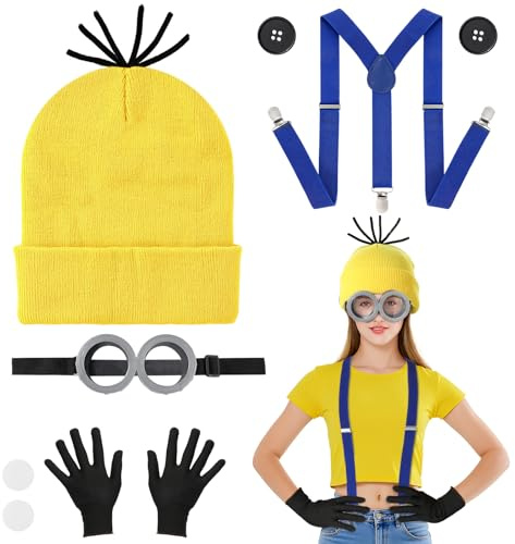 Hifot 5 PCS Jaune Deguisement Halloween Adultes, Bonnet Jaune Lunettes Goggles Gants Noirs Boutons Bretelles, Accessoires Deguisement Film Drole pour Fête de Halloween Carnaval Cosplay