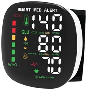 Smart Med Alert Blood Pressure Monitor, Rechargeable Wrist Digital BP Machine with Adjustable Cuff, Memory Storage for 2 Users, LCD Display, Ideal for Home Use, Carrying Case