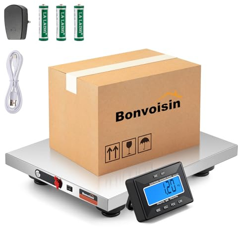 Bonvoisin Kabellose Postwaage 300kg/660lb mit separatem LCD-Display, Edelstahl-Plattform, Batterie- & Netzbetrieb Dual-Use, kg/lb/oz/lb:oz, TARE/HOLD/COUNT-Funktionen (300kg GB)