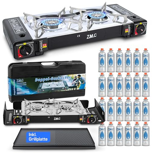 ZMC Camping gasspis 2 lampor 2,5 KW effekt, inkl. adapter för LPG-anslutning grillplatta 45 x 24 cm 24 gaspatroner 227 g förvaringsväska, campingkök komplett set med piezotändning