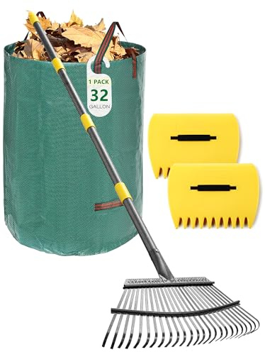 Set di rastrelli per foglie prati, kit di attrezzi da giardino 3 in 1 con rastrello grande in metallo a 25 denti, paletta per foglie, artigli a mano, sacchetto riutilizzabile per rifiuti da cortile