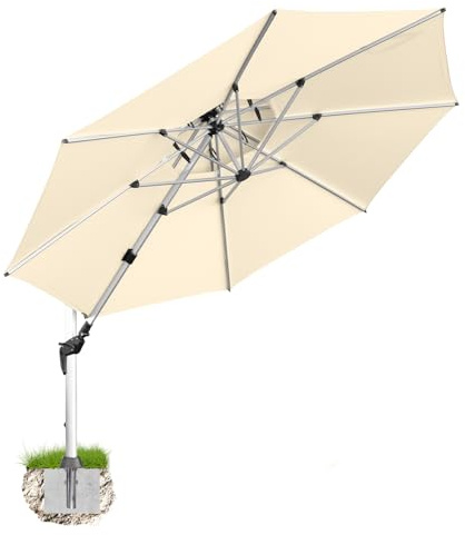 anndora Alu Ampelschirm 400 cm mit Kurbel – runder Sonnenschirm 360° drehbar, schwenkbar & neigbar – wetterfest & UV-Schutz – inkl. Bodenanker zum Einbetonieren (Natural)