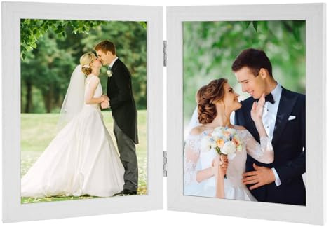 CAAGGMM Doppelter Bilderrahmen Faltbar, 10 x 15 cm Vertikaler Fotorahmen mit Scharnier, Bilderrahmen 2 Fotos für Tischaufsteller(Weiß)